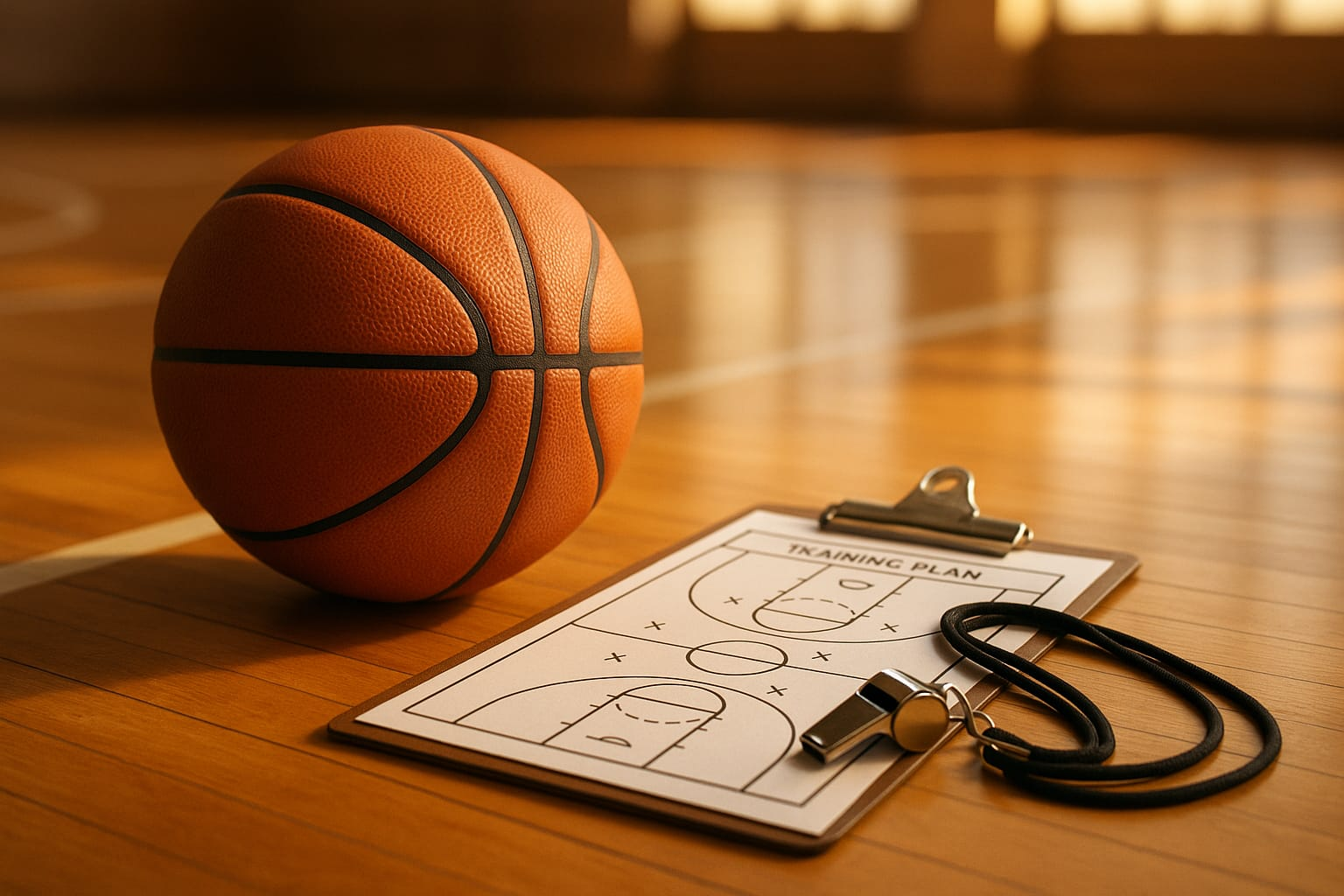 Basketball, clipboard and whistle on court — HoopWithEm Custom Workshop